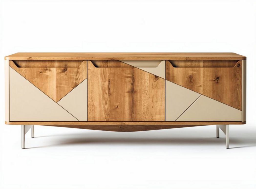Geometric wood and modern design sideboard with three storage drawers 120 x 40 x 50cm