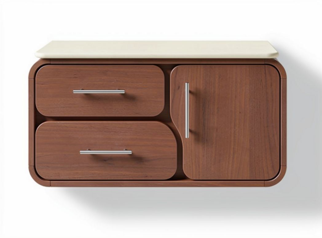 Modern walnut wood storage cabinet with two drawers and one door 60 x 40 x 30cm