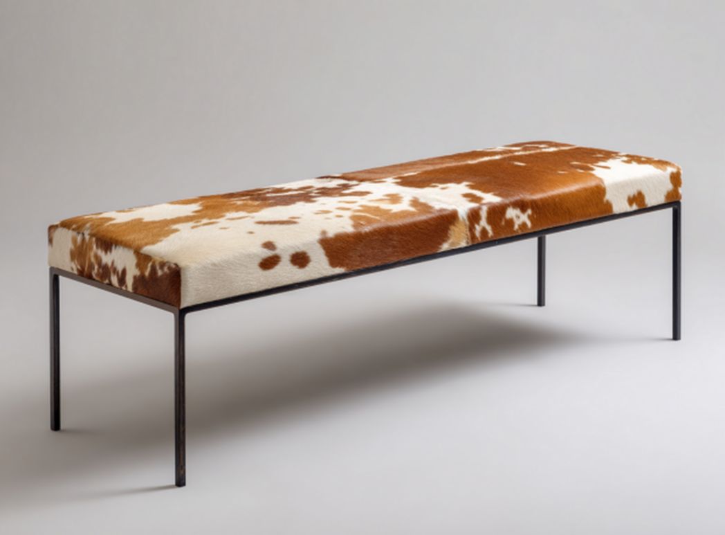 Cream upholstered bench with wooden legs and metal frame 120 x 40 x 45cm