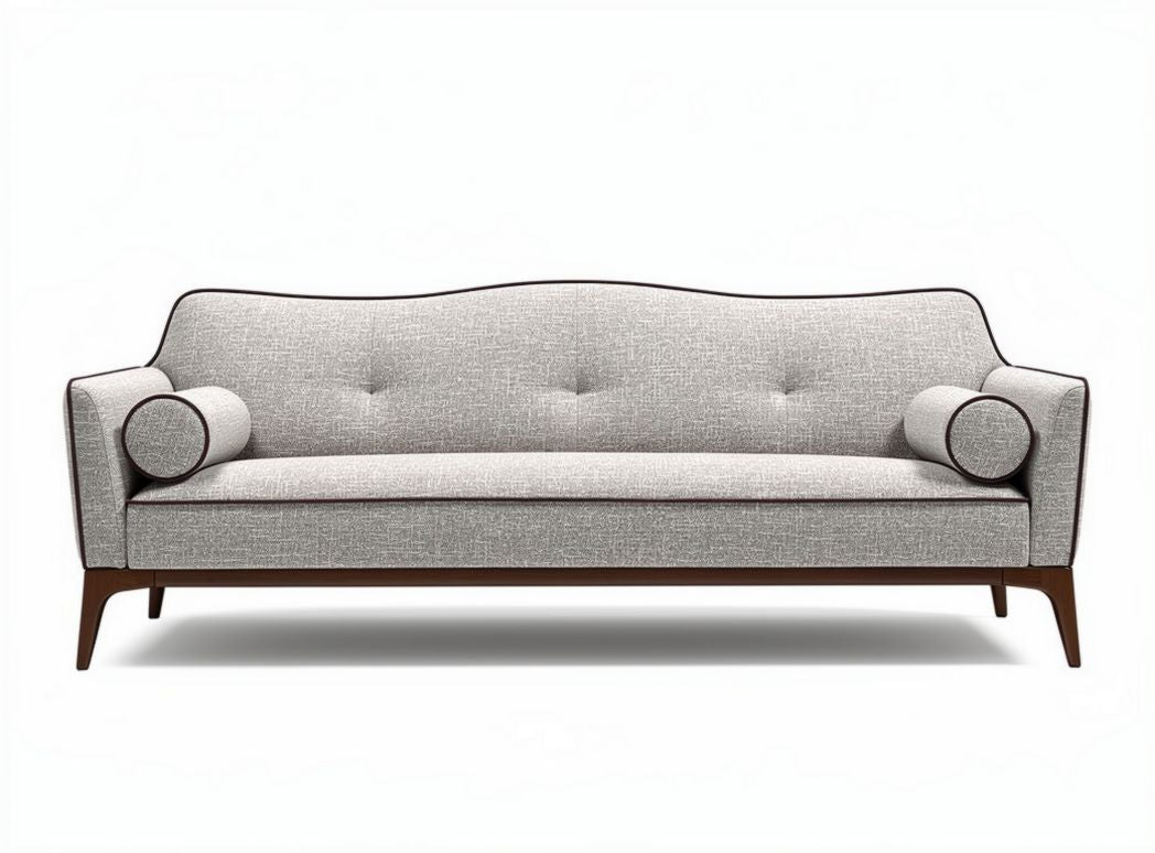 Sofa in grey fabric with wooden legs and two matching bolster cushions 200 x 80 x 90cm