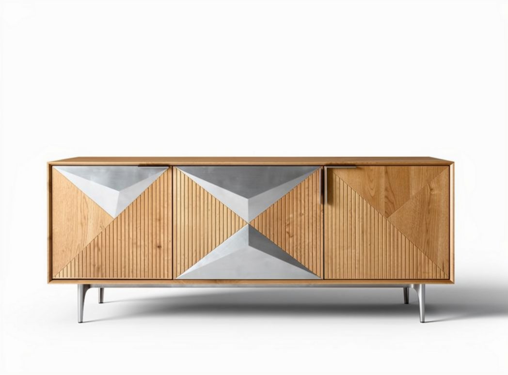 Geometric wooden sideboard with metal accents and storage space 150 x 40 x 70cm