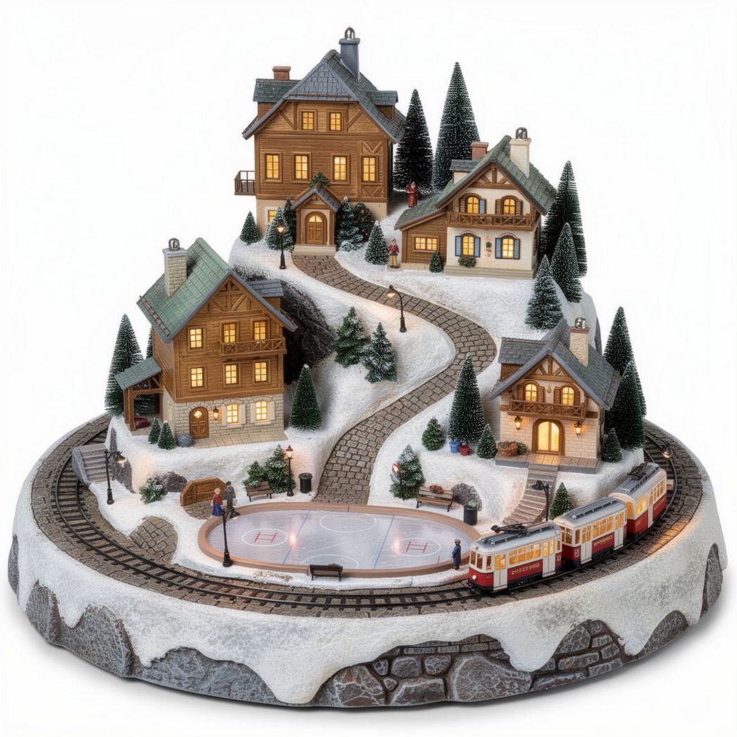 Lighted winter village scene with train set and snowy landscape 25 x 30 x 20cm