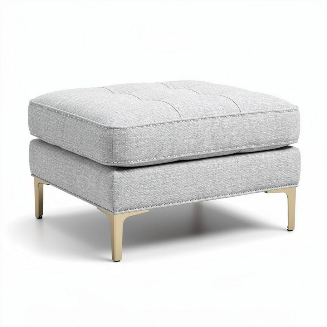 Gray upholstered ottoman with tufted design and metal legs 80 x 80 x 40cm